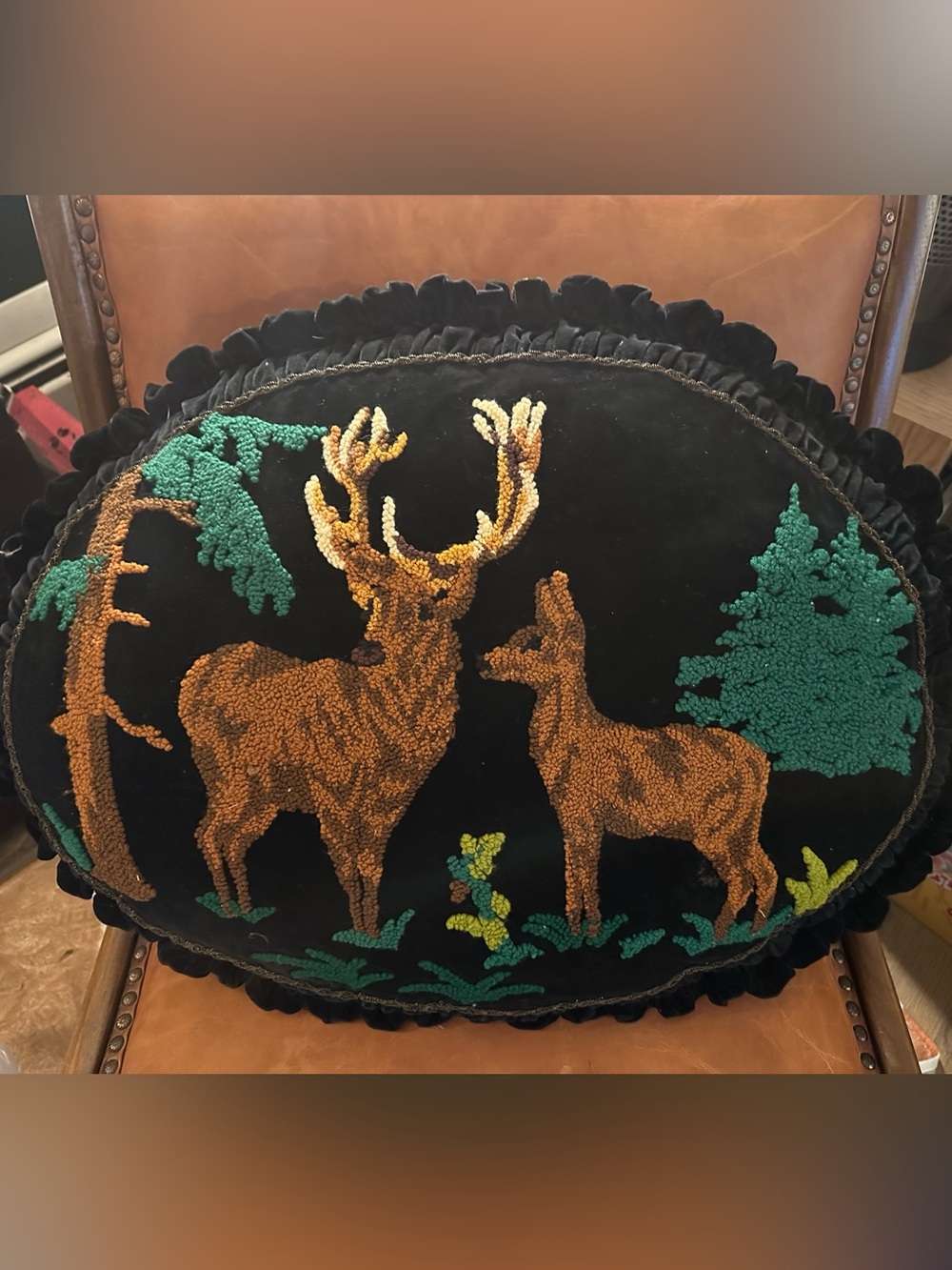 Vintage Handmade Punch Needle Deer Accent Pillow 27” Black Velvet